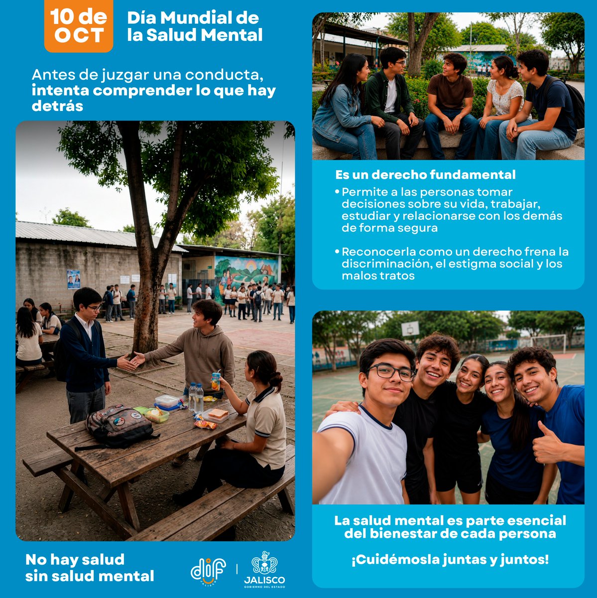 DIFJalisco's tweet photo. En el #DíaMundialDeLaSaludMental te invitamos a romper el mito de que buscar apoyo profesional o expresar vulnerabilidad es un signo de debilidad; y eliminar prejuicios y discriminación en los hogares, escuelas y centros de trabajo, para que nadie sufra en silencio. #DIFContigo https://t.co/Awl6EVihvW