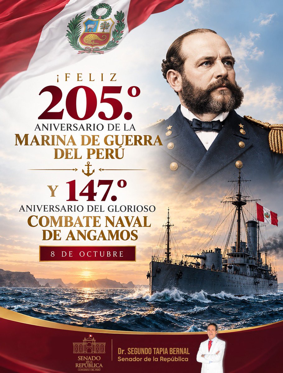 stapiab's tweet photo. Feliz 205 Aniversario de la Marina de Guerra del Perú 🇵🇪 @naval_peru y 147 Aniversario del glorioso Combate Naval de Angamos 
Un fuerte abrazo 🤗 https://t.co/KLeGKrUOwW