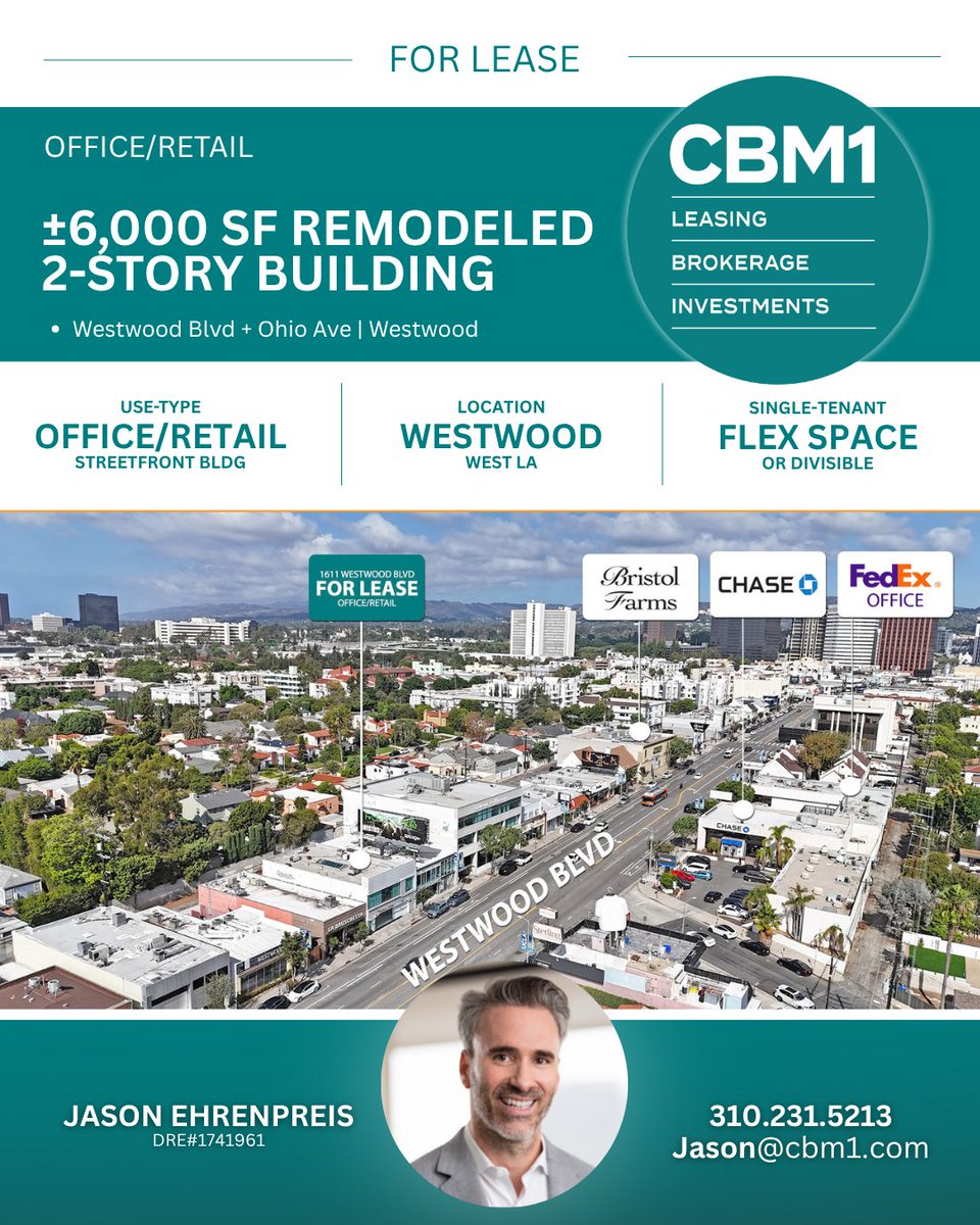 CBM1LA's tweet photo. Remodeled office/retail building for lease on Westwood Blvd near Ohio Ave just blocks from Westwood Village + UCLA
#CBM1 #CRE #RetailRealEstate #RetailLeasing #OfficeSpace #StreetRetail #OfficeLeasing #RemodledOfficeBuilding #WestwoodBoulevard #WestwoodVillage #UCLA #OhioAvenue https://t.co/awJ9UvHcCf