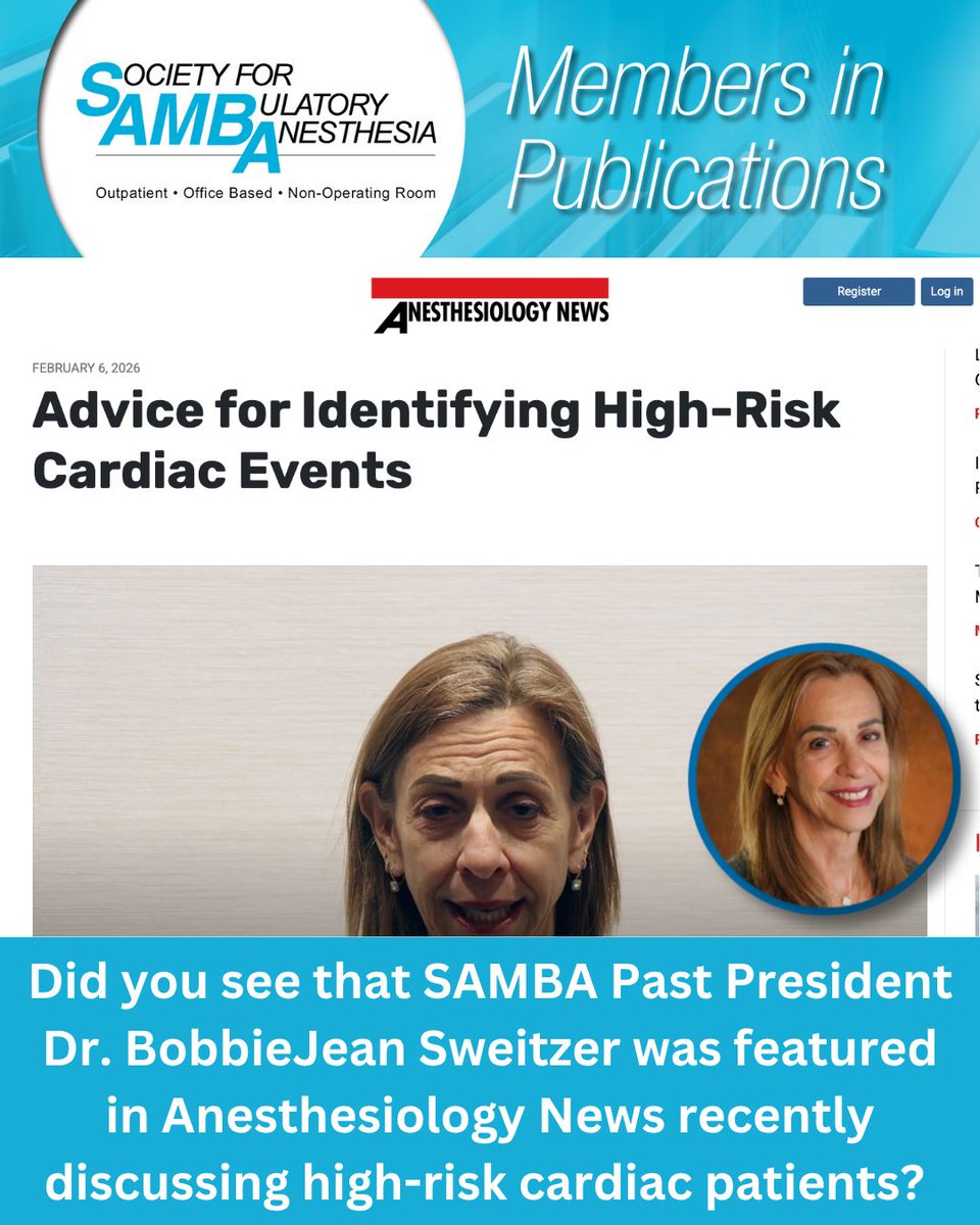 sambahq's tweet photo. Did you see that SAMBA Past President Dr. BobbieJean Sweitzer was featured in Anesthesiology News recently discussing high-risk cardiac patients? 

See the full feature here: https://t.co/B11FbKlN5p https://t.co/qVAWTqS6kH