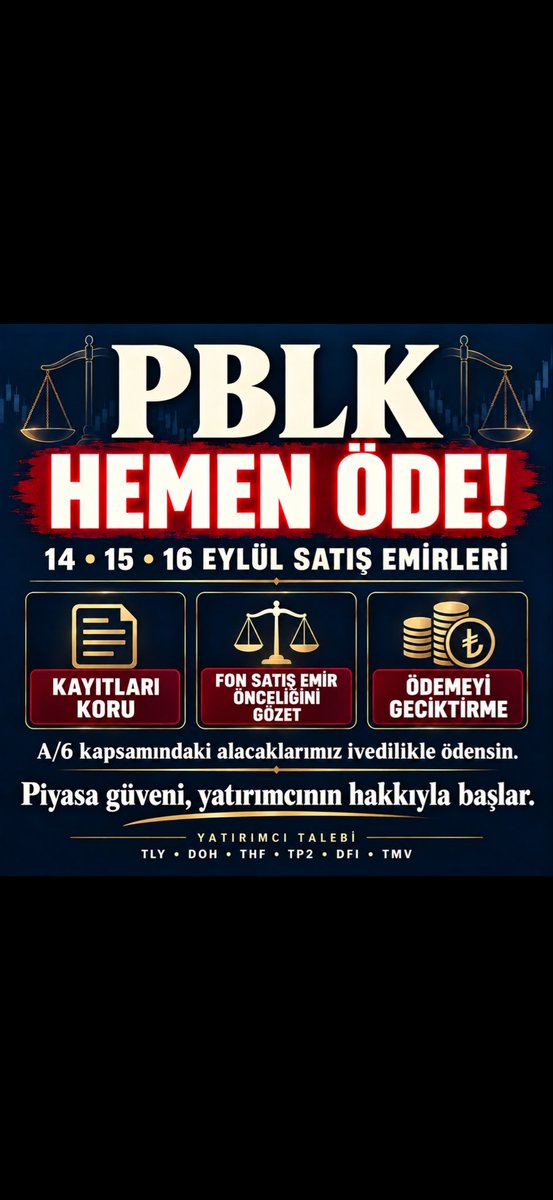 istanbulbullish's tweet photo. 14,15,16 Eylül 2026 tarihlerinde verilen fon satış emirleri fonun öncelikli borcudur,derhal ödenmesi gerekir. Anayasamız Hukuk Devleti ilkesine vurgu yapar, SPK'nun 79. maddesi fonun öncelikli alacaklısı olan PBLK alacaklılarına öncelikli şekilde ödeme yapılmasını emreder

PBLK olmuş emirlerde tarih-saat sırası korunur. SPKn m.79/1 takas kesinliğini,TEFAS Uygulama Esasları m.15/2, “fon bazında sisteme giriş saati” önceliğini; SPK 2026/61 A/6 gerçekleşmemiş iade emirlerinin öncelikli fon borcu olduğunu düzenler. Ödemede bu hak ve sıra gözetilir

TAKASIN KESİNLİĞİ İLKESİ” kanundur. #ÖncePBLKsonraAraÖdeme