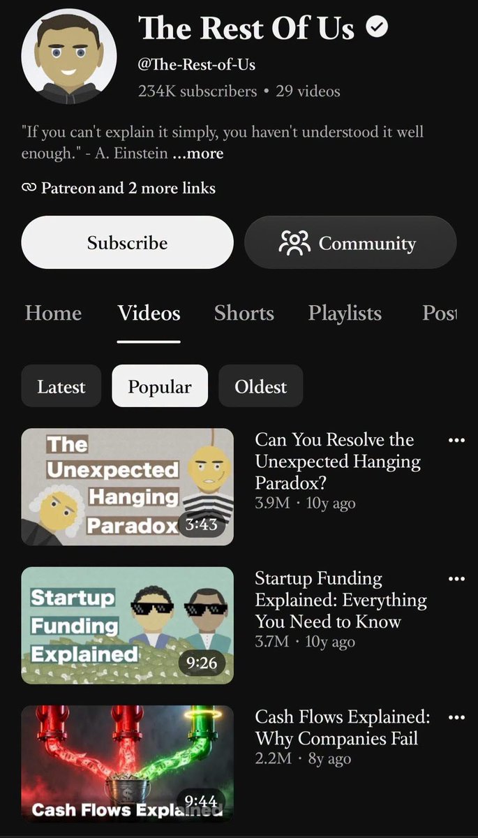 SojAutomation's tweet photo. Most YouTube channels try to make complicated topics look complicated.

This channel did the opposite.

“Startup Funding Explained” → 3.7M views
“Cash Flows Explained” → 2.2M views
“Unexpected Hanging Paradox” → 3.9M views

Simple visuals + complex ideas + curiosity-driven https://t.co/h1rZUyYkaT