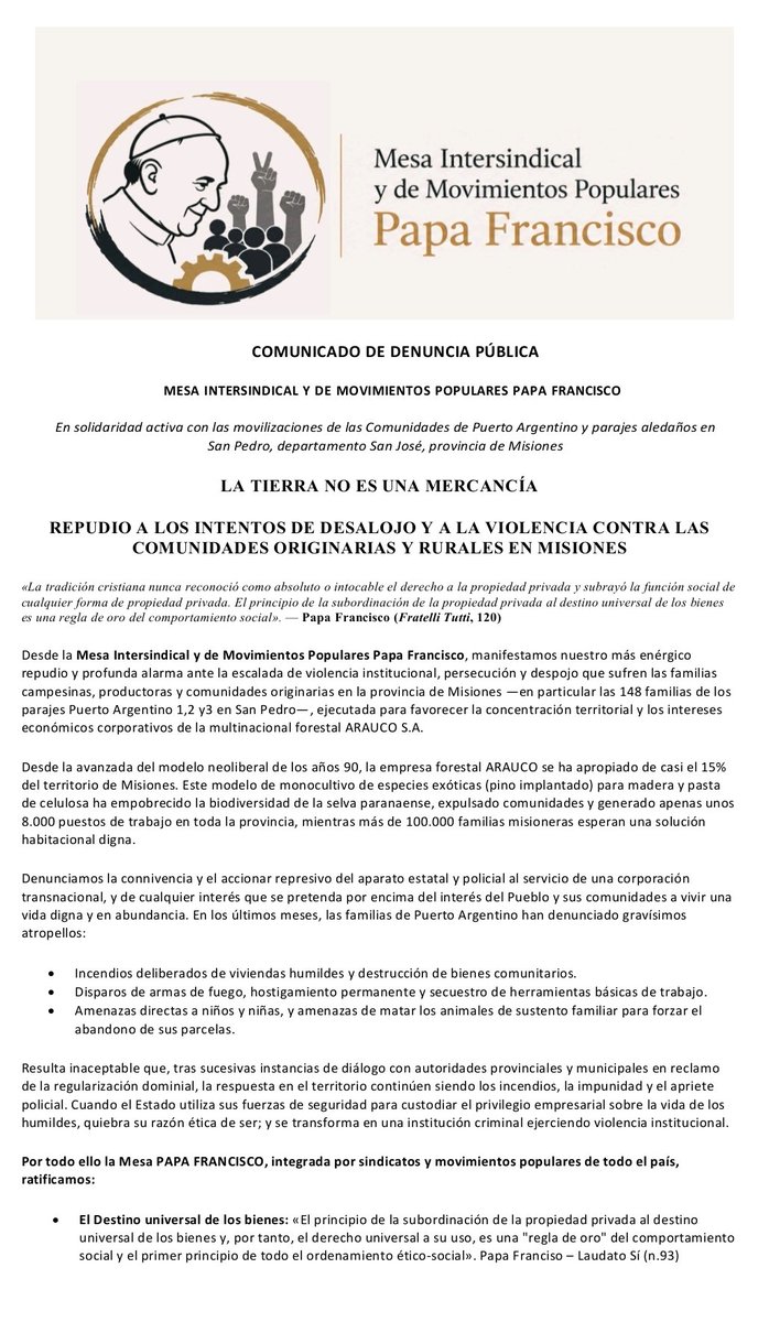 MesaPFrancisco's tweet photo. 🚨 URGENTE 
🗣️ Declaración de la Mesa Papa Fancisco en repudio a los intentos de desalojo y a la violencia contra las comunidades originarias y rurales en Misiones. https://t.co/lAV1qO8I6K