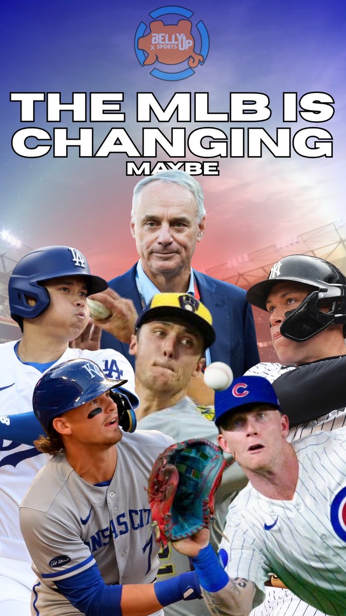 A sports thumbnail/promotional image titled 'THE MLB IS CHANGING MAYBE' from Belly Up Sports, featuring MLB Commissioner Rob Manfred and several baseball players including Shohei Ohtani.