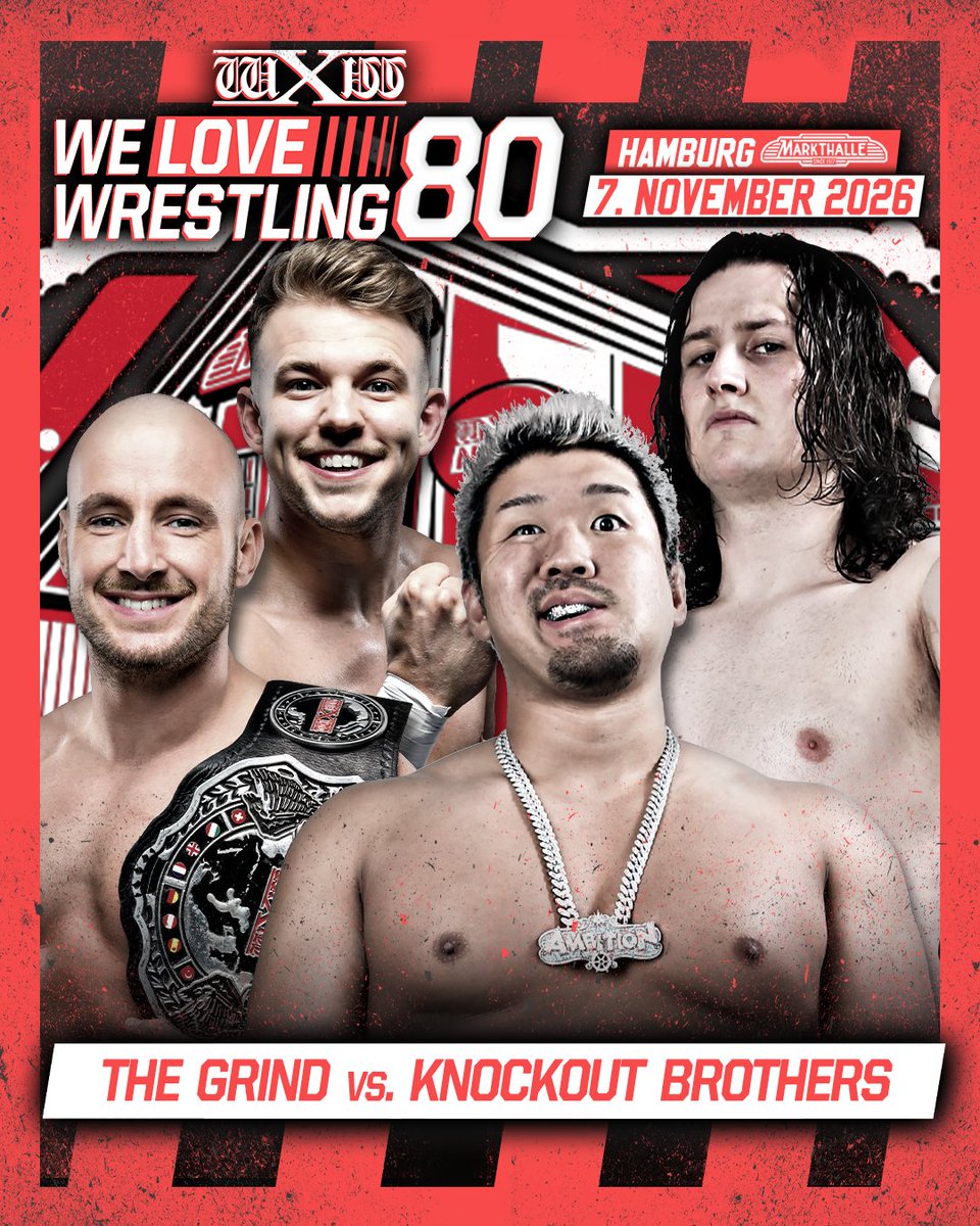 wXwGermany's tweet photo. wXw returns with wXw #WeLoveWrestling 80 to Hamburg on November 7th!
Announced on the latest #wXwShotgun (https://t.co/KLqqXgLZTQ):

- IWGP Tag Team Champions Knockout Brothers (@pw_oskar & @YutoxIce) vs. The Grind (wXw European Champion Laurance Roman & @nickschreier)
- wXw World Tag Team Championship: CSI (Nordino & Luca de Leone) (c) vs. World Tag Team Tournament Winners Greedy Souls (@dannyjoneswres & @Bronco_PW)
- European Rounds: Leon van Gasteren vs. @RobertDreissker 

wXw We Love Wrestling 80
📅 Saturday, November 7th
📍 @MarkthalleHH, Hamburg
🎟️ Tickets: https://t.co/Jn5uBV3upL