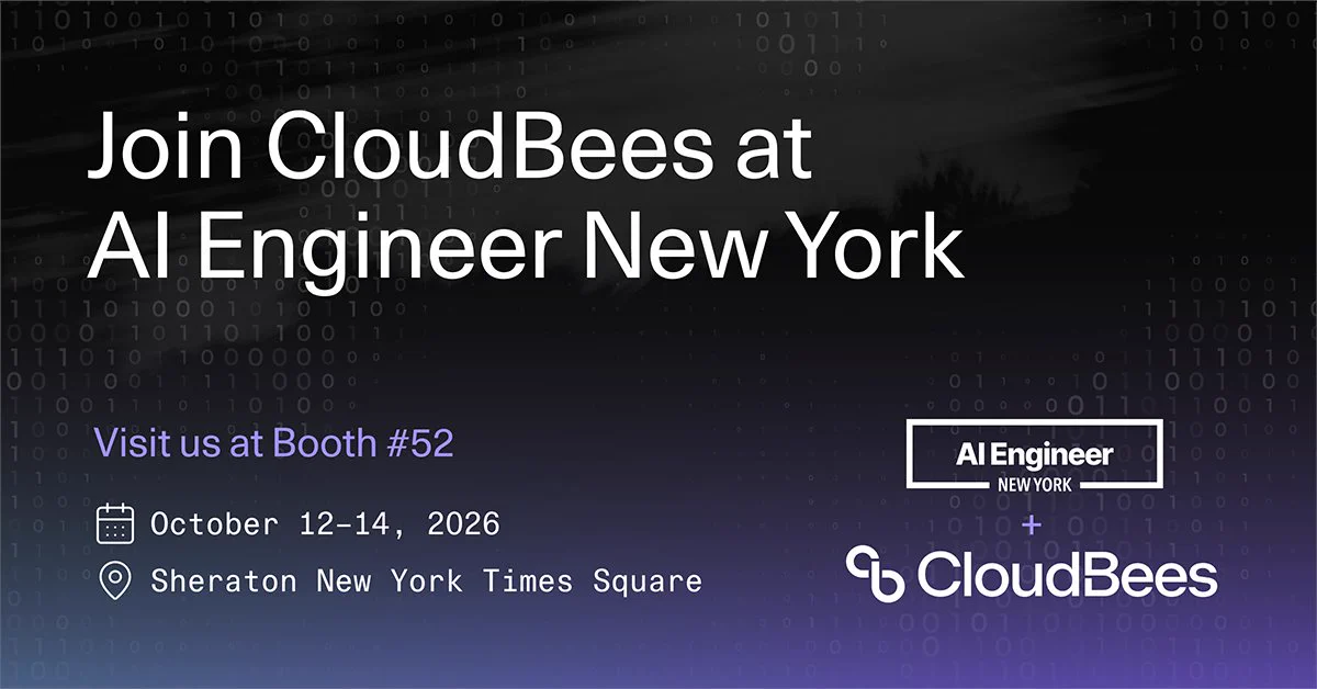 Promotional image for an event titled "AI Engineer New York" by CloudBees. The text invites attendees to visit at Booth #52 from October 12-14, 2026, at Sheraton New York Times Square. The background features a digital pattern design.
