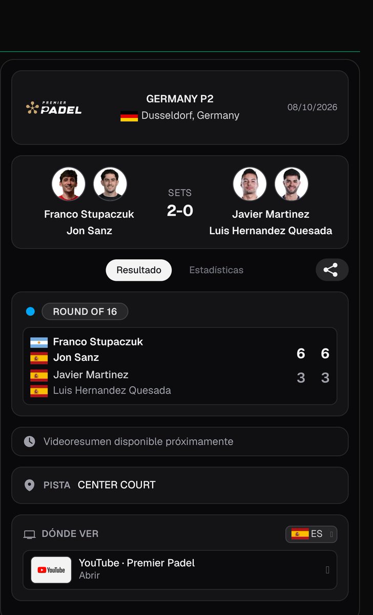 PadelscoreApp's tweet photo. 📊 Resultado
Franco Stupaczuk / Jon Sanz 6-3 | 6-3 Javier Martinez / Luis Hernandez Quesada
🇩🇪 🏆 GERMANY P2 · Round of 16
#GermanyP2 #PremierPadel #Padelscore https://t.co/fD4rf8C1gV