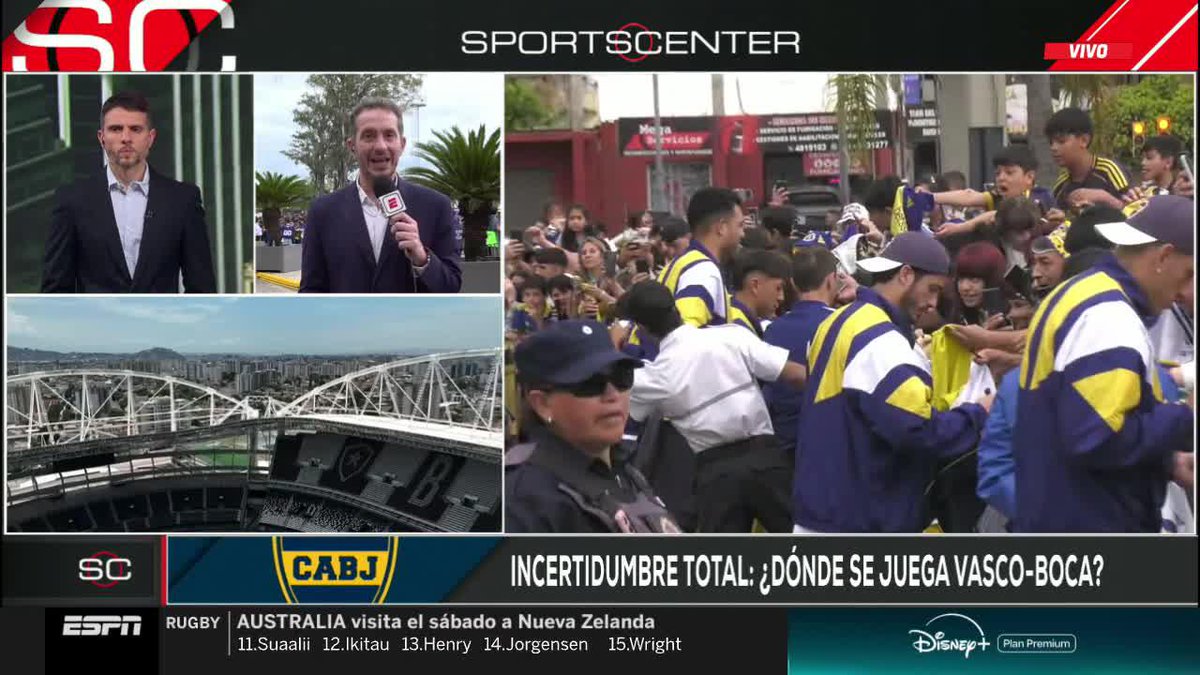 ESPN SportsCenter broadcast showing reporters discussing where the Vasco da Gama vs. Boca Juniors Copa Sudamericana match will be played, with the headline "INCERTIDUMBRE TOTAL: ¿DÓNDE SE JUEGA VASCO-BOCA?" and footage of a chaotic crowd scene alongside an aerial shot of a stadium, reflecting the uncertainty over the venue following the Rio de Janeiro court's rejection of Vasco's Maracanã request.