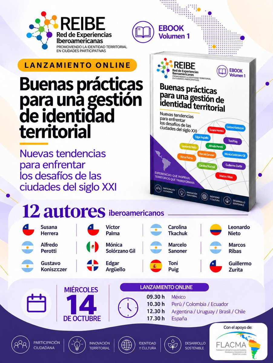 FLACMA_'s tweet photo. #FLACMA comparte la invitación al Lanzamiento del nuevo libro de #REIBE sobre <Buenas prácticas para una gestión de identidad territorial>

👉 12 expertos 🌎 comparten experiencias

📅 Miércoles 14 de octubre

☑️ Inscripción previa: https://t.co/0GiVkqJOgP 

#FLACMAformación https://t.co/WioqhXiaKr