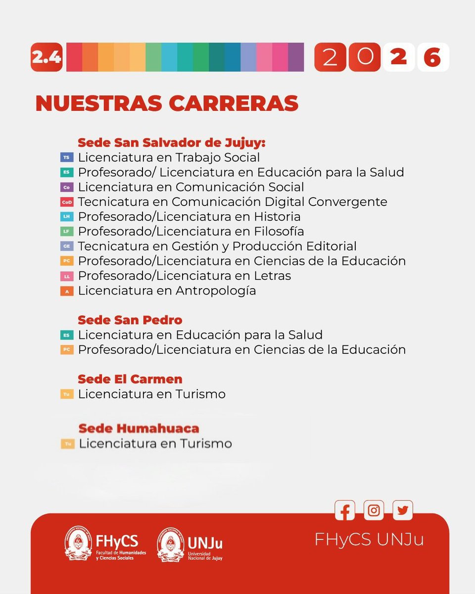 fhycsunju's tweet photo. 📢 ¡Ya están abiertas las preinscripciones para el Ingreso 2027 a la FHyCS-UNJu! 🎓 Conocé nuestra propuesta académica y elegí tu carrera. 📅 Preinscripciones hasta el 31/12, únicamente online en: https://t.co/bQHZsVoHwA https://t.co/64H8kACQIx