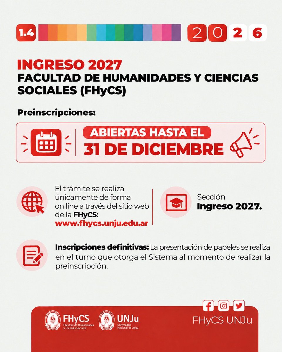 fhycsunju's tweet photo. 📢 ¡Ya están abiertas las preinscripciones para el Ingreso 2027 a la FHyCS-UNJu! 🎓 Conocé nuestra propuesta académica y elegí tu carrera. 📅 Preinscripciones hasta el 31/12, únicamente online en: https://t.co/bQHZsVoHwA https://t.co/64H8kACQIx