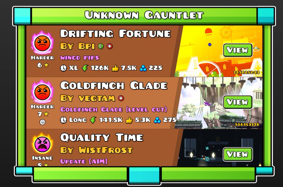 Gabri_V4's tweet photo. En GD Browser ya aparecen los nuevos gauntlets como "Gauntlets desconocidos" y cada uno ya muestra los 5 niveles de cada gauntlet!!!! https://t.co/BIPPdNWJfW