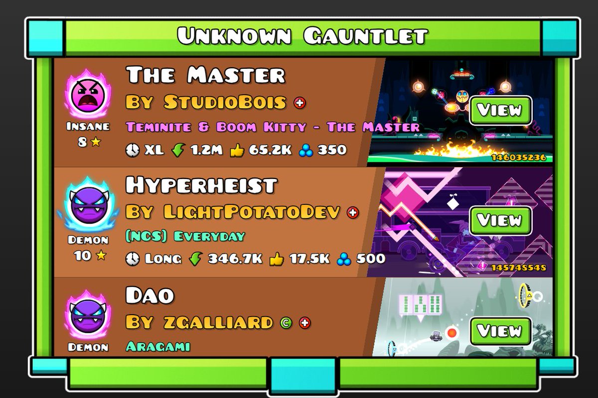 Gabri_V4's tweet photo. En GD Browser ya aparecen los nuevos gauntlets como "Gauntlets desconocidos" y cada uno ya muestra los 5 niveles de cada gauntlet!!!! https://t.co/BIPPdNWJfW