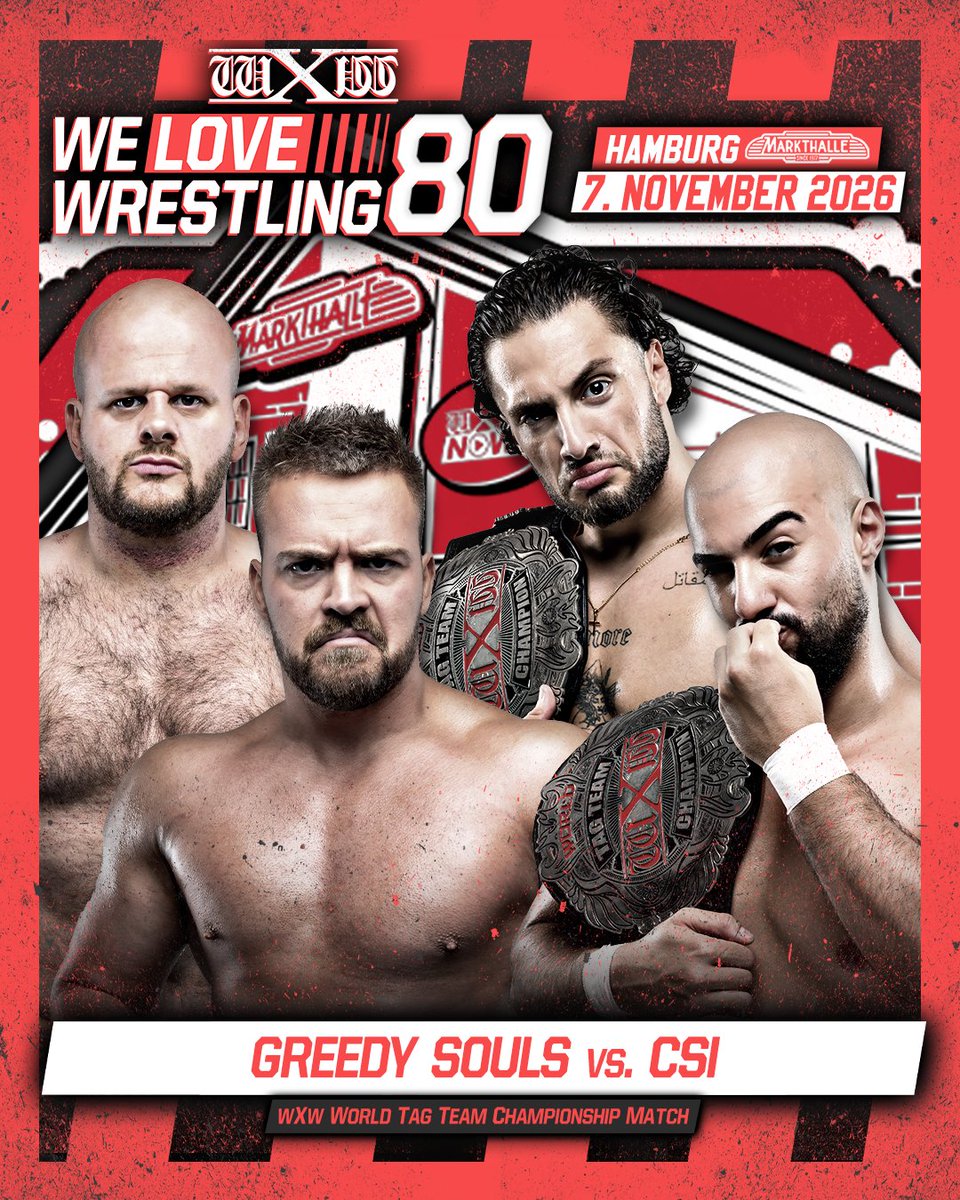 wXwGermany's tweet photo. wXw returns with wXw #WeLoveWrestling 80 to Hamburg on November 7th!
Announced on the latest #wXwShotgun (https://t.co/KLqqXgLZTQ):

- IWGP Tag Team Champions Knockout Brothers (@pw_oskar & @YutoxIce) vs. The Grind (wXw European Champion Laurance Roman & @nickschreier)
- wXw World Tag Team Championship: CSI (Nordino & Luca de Leone) (c) vs. World Tag Team Tournament Winners Greedy Souls (@dannyjoneswres & @Bronco_PW)
- European Rounds: Leon van Gasteren vs. @RobertDreissker 

wXw We Love Wrestling 80
📅 Saturday, November 7th
📍 @MarkthalleHH, Hamburg
🎟️ Tickets: https://t.co/Jn5uBV3upL
