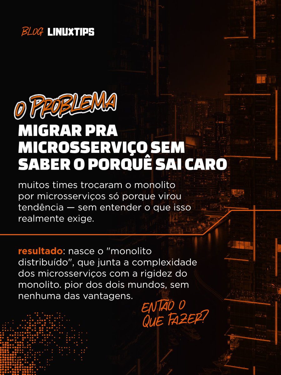 LINUXtipsBR's tweet photo. como estruturar a arquitetura base da aplicação?
muitos times migraram para microsserviços sem entender os custos envolvidos e acabam construindo o“monolito distribuído”.

quer saber como evitar essa armadilha? acesse o conteúdo completo em nosso blog https://t.co/ykYTQuQwDY https://t.co/Vlx7RdZjBG