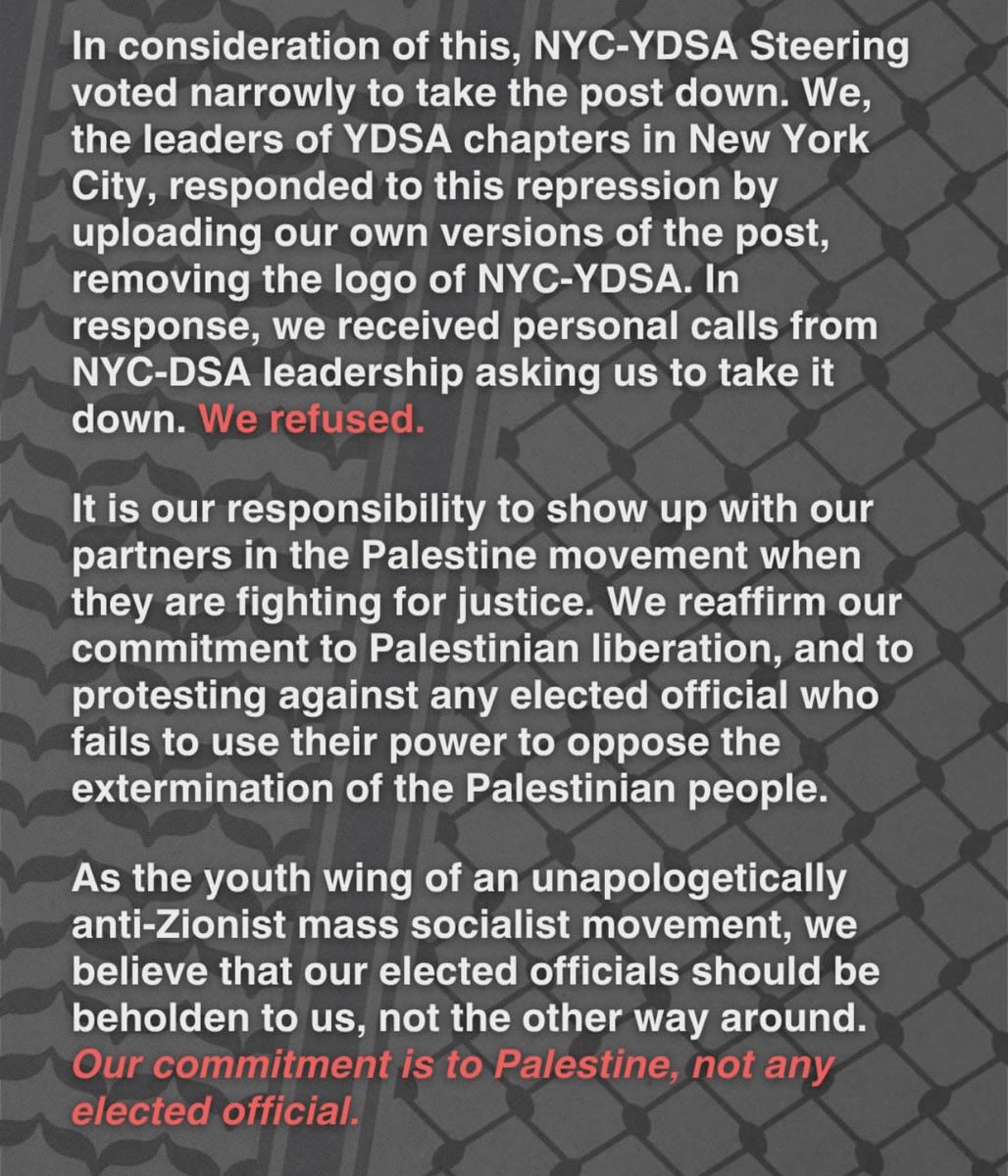 GoodVibePolitik's tweet photo. NYC-YDSA chapters now confirming in a public statement that they faced direct pressure from members of NYC-DSA steering over their endorsement of an October 7th protest critical of Zohran Mamdani, including citing “pro-Hamas dog whistles” referring to Arabic text in the flier. https://t.co/2QBz6mZfM6
