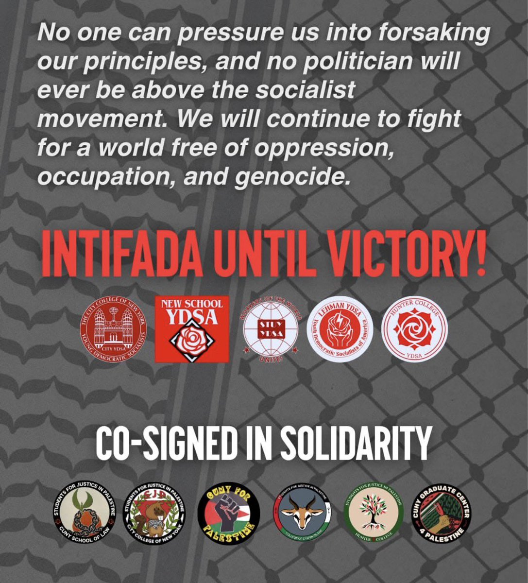 GoodVibePolitik's tweet photo. NYC-YDSA chapters now confirming in a public statement that they faced direct pressure from members of NYC-DSA steering over their endorsement of an October 7th protest critical of Zohran Mamdani, including citing “pro-Hamas dog whistles” referring to Arabic text in the flier. https://t.co/2QBz6mZfM6