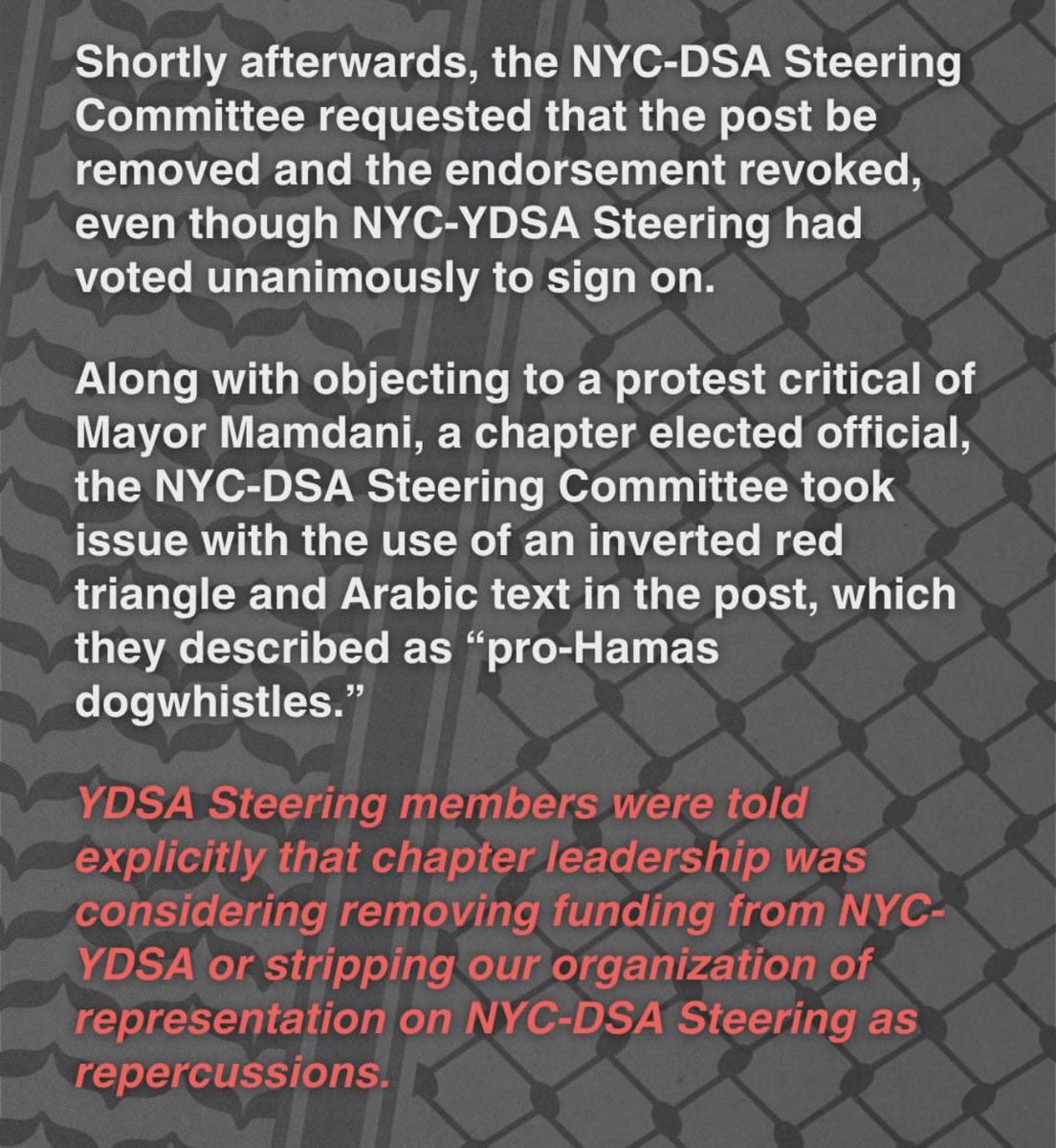 GoodVibePolitik's tweet photo. NYC-YDSA chapters now confirming in a public statement that they faced direct pressure from members of NYC-DSA steering over their endorsement of an October 7th protest critical of Zohran Mamdani, including citing “pro-Hamas dog whistles” referring to Arabic text in the flier. https://t.co/2QBz6mZfM6