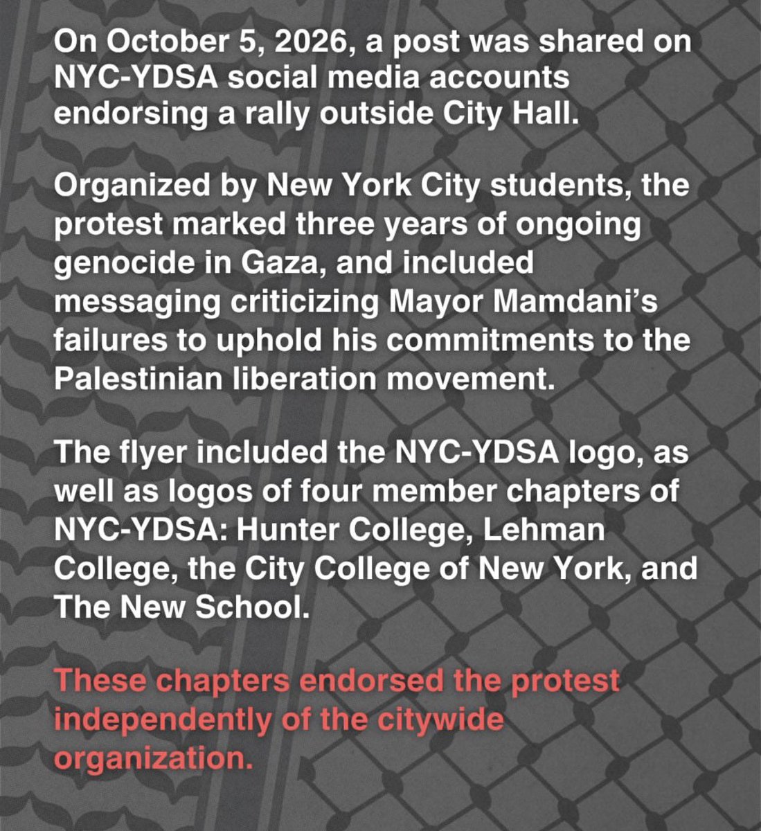 GoodVibePolitik's tweet photo. NYC-YDSA chapters now confirming in a public statement that they faced direct pressure from members of NYC-DSA steering over their endorsement of an October 7th protest critical of Zohran Mamdani, including citing “pro-Hamas dog whistles” referring to Arabic text in the flier. https://t.co/2QBz6mZfM6