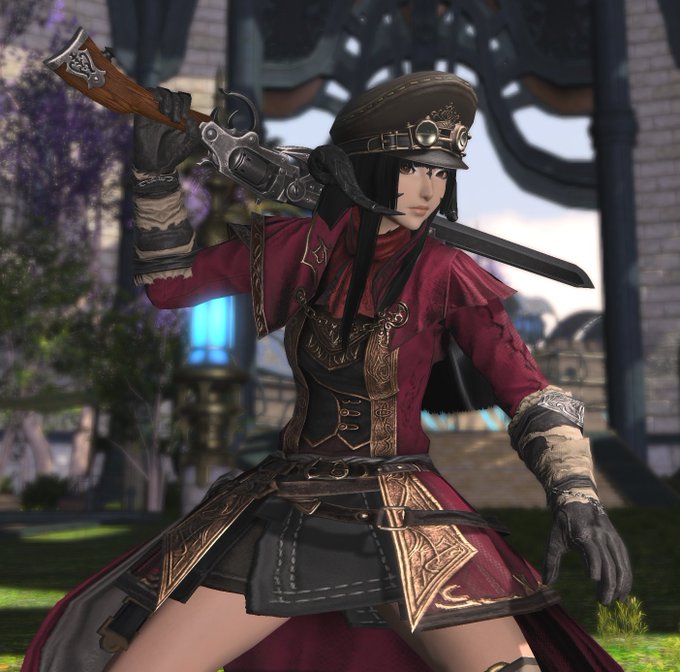 A screenshot from a video game showing a female character in a red coat, black corset, and peaked cap, holding a large revolver and a sword across her shoulders.