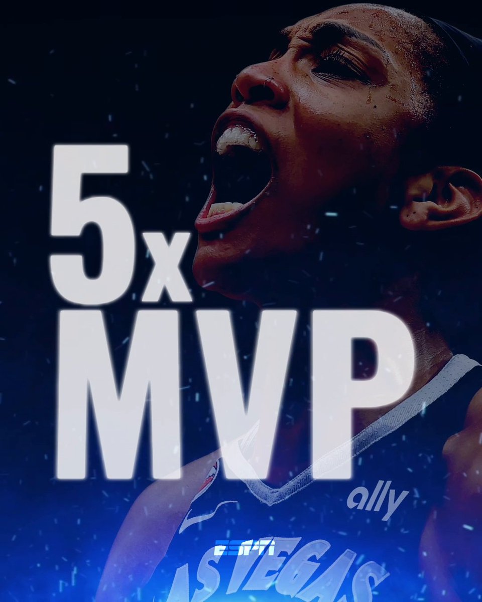 A dramatic poster shows A’ja Wilson in an A’ja Los Angeles jersey shouting upward against a dark, speckled background. Large white text reads “5x MVP,” matching the post’s claim that she is a “FIVE-TIME WNBA MVP.”