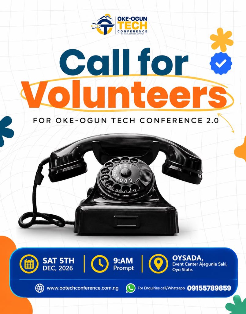 okeoguntechconf's tweet photo. https://t.co/IEoZx0KEy0 

WE NEED YOU!

The Oke-Ogun Tech Conference 2.0 is looking for passionate volunteers.

Whether you are into photography, videography, design, decoration, social media, ushering, logistics, technical support or event coordination, there is a place for you. https://t.co/JC7wJhM6el