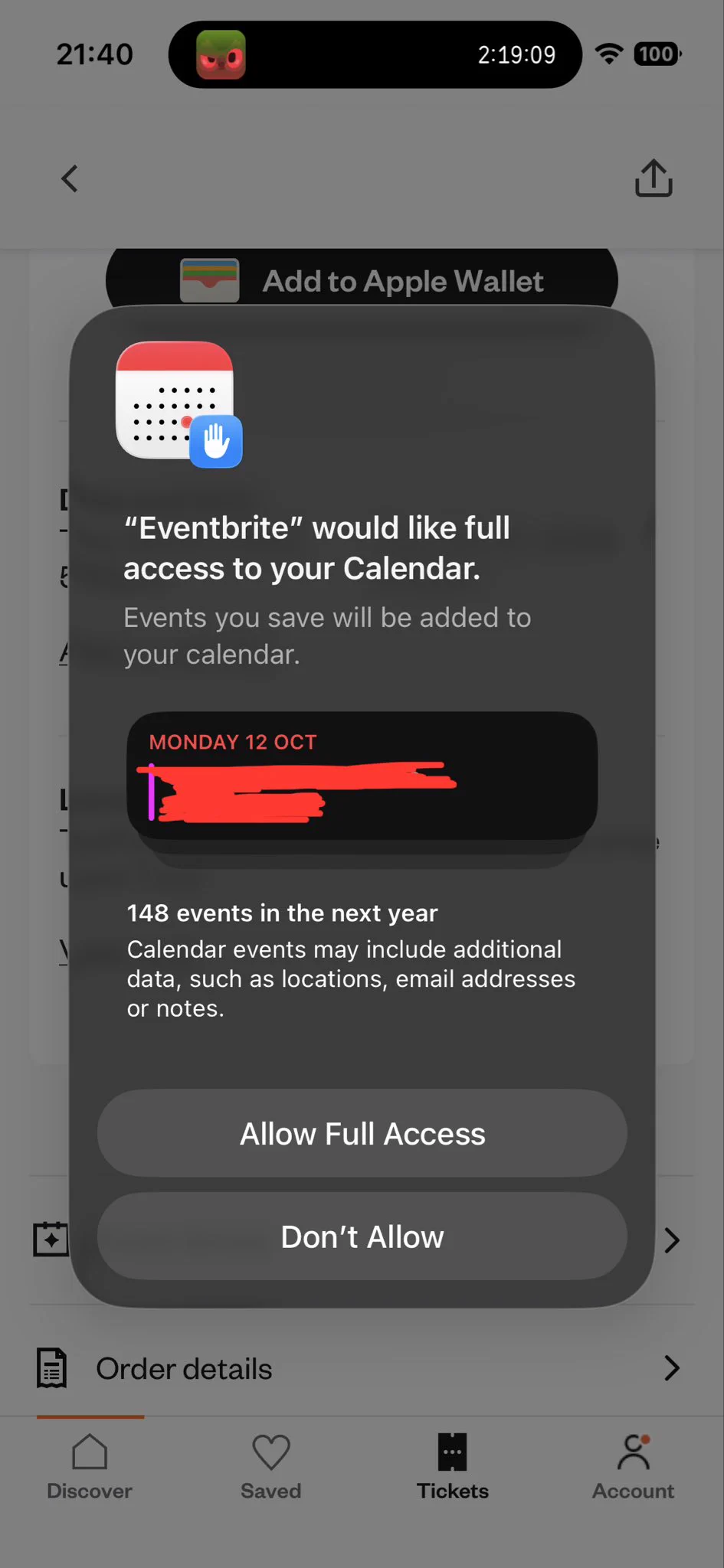 Eventbrite egregiously asking for full access to a user’s calendar.