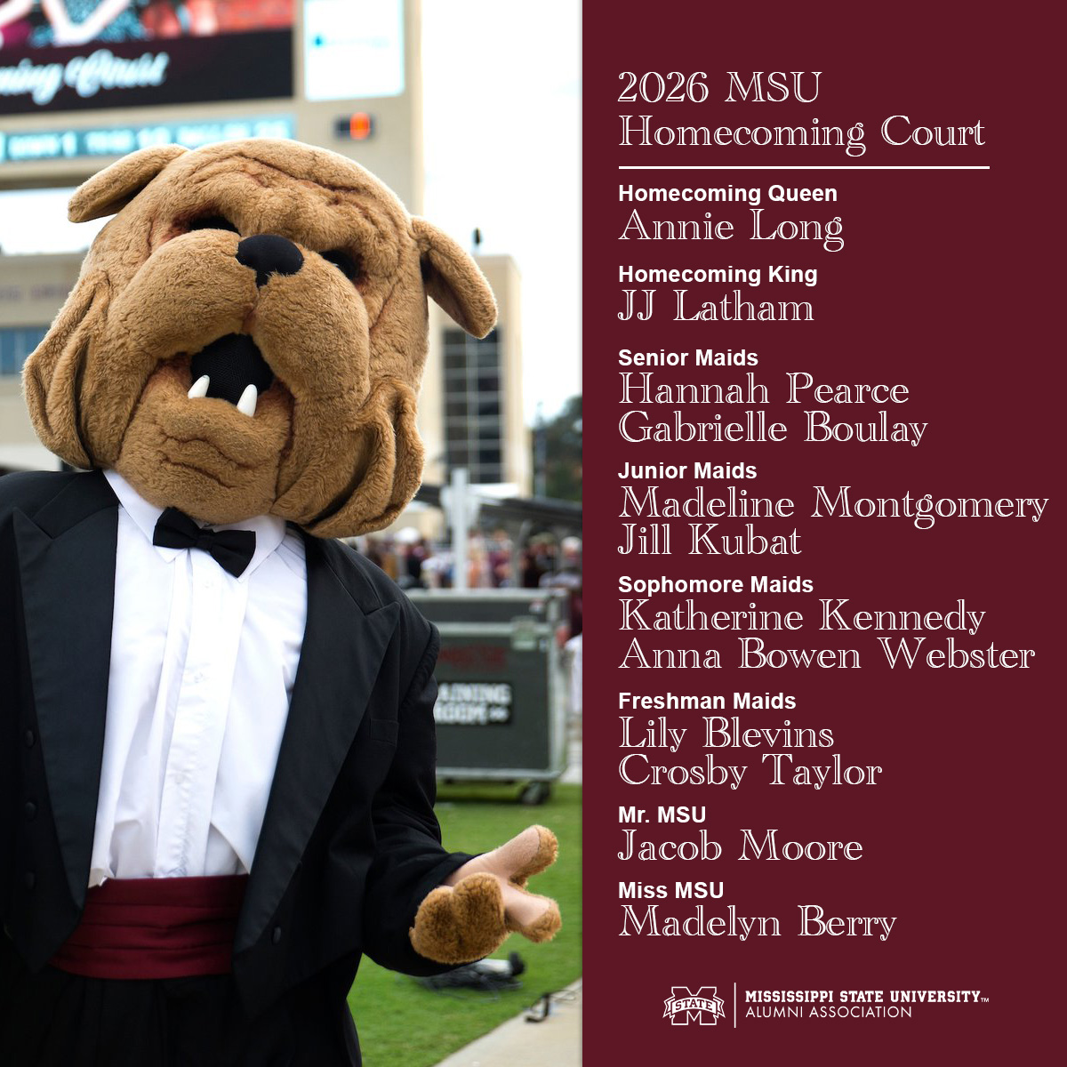 MSStateAlumni's tweet photo. Congratulations to the 2026 MSU homecoming court! 👑

🔗 https://t.co/r7mQg1LOWd https://t.co/5Buzrw41tt