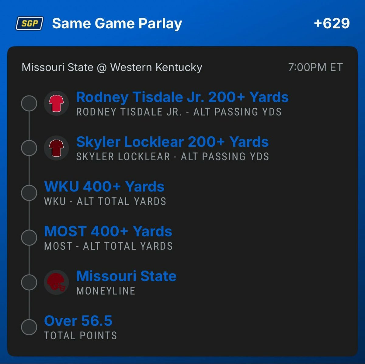 viplocks1's tweet photo. 🏈🔥 CFB SGP IS LOADED!

WKU vs. Missouri State — time to cook up a BANGER. 🔒💰

@Playbook

#CFB #CollegeFootball #SportsBetting https://t.co/E8eDkxwIeq