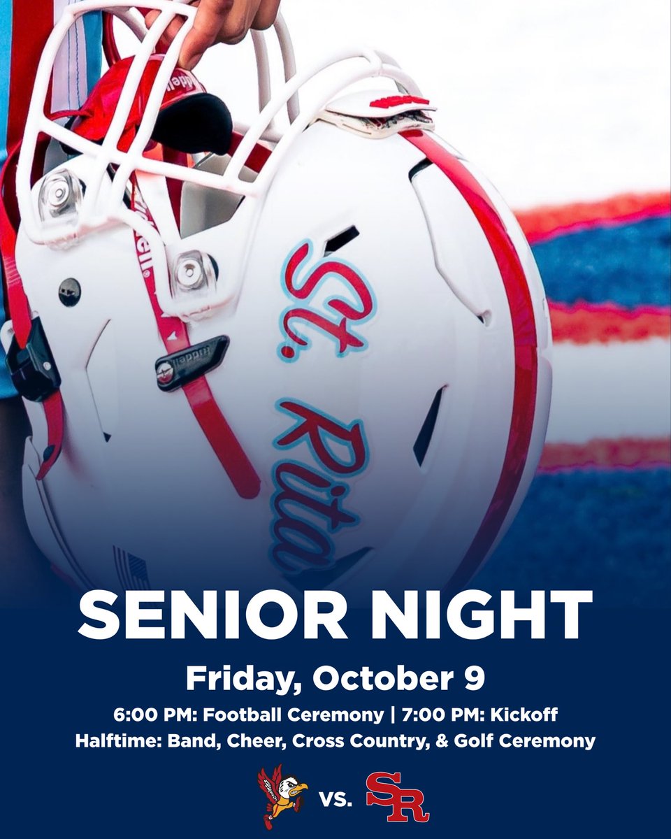 StRitaHS's tweet photo. 🚨🏈 ONE DAY AWAY! 🏈🚨 Come support your Mustangs for Senior Night as we honor our football seniors before kickoff and our cross country, golf, band, and cheer seniors at halftime as the Mustangs take on the Benet Academy Redwings at 7:00 PM!

More info: https://t.co/9TxRwcuHLF https://t.co/rQGo5vjqZ4