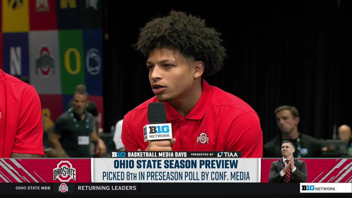 A young Ohio State basketball player with curly hair speaks into a "B1G Network" microphone while wearing a red Ohio State polo shirt at Big Ten Basketball Media Days. The on-screen graphic reads "OHIO STATE SEASON PREVIEW - PICKED 8TH IN PRESEASON POLL BY CONF. MEDIA," tying into the post's message about the team aiming to elevate their performance beyond expectations.