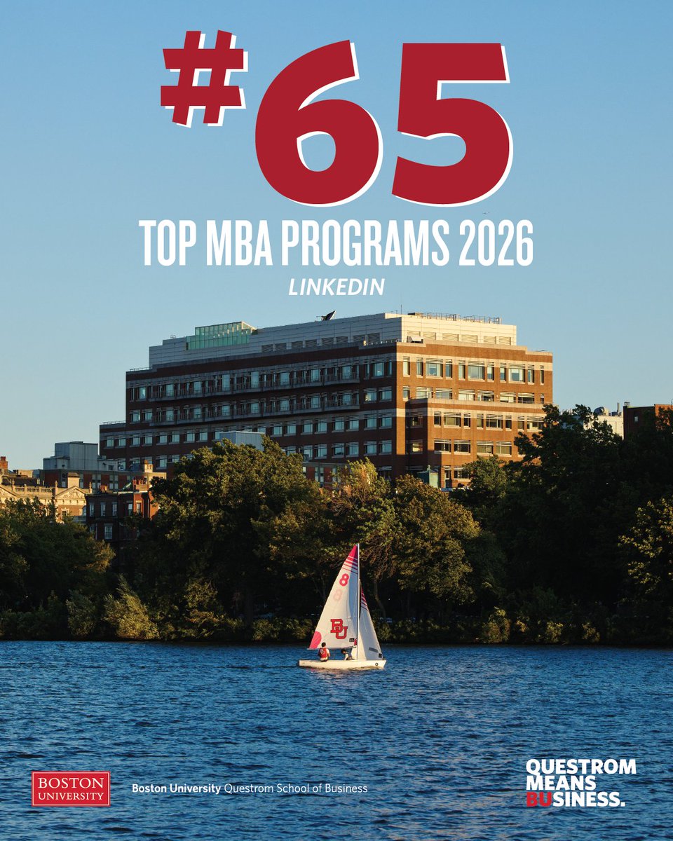 BUQuestrom's tweet photo. NEWS: Questrom ranks #65 on LinkedIn’s Top MBA Programs for 2026, placing us among the top 100 MBA programs globally. https://t.co/hSOjPaan3A