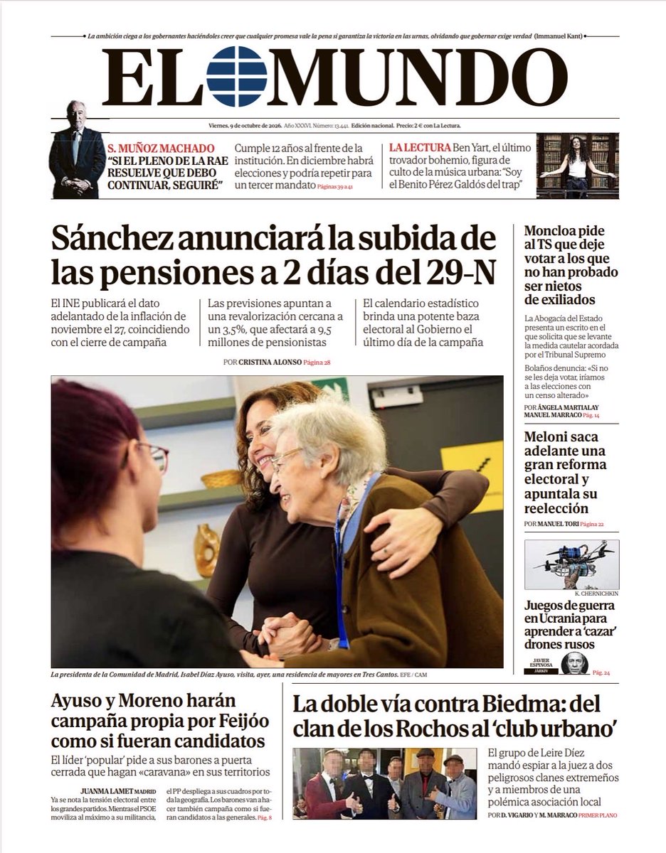 elmundoes's tweet photo. 📰 Portada de EL MUNDO del 9 de octubre 

Ya disponible en Orbyt y en la edición digital con la mejor información https://t.co/Lq6RdPvnis