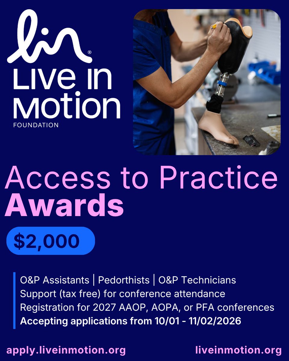 LiveinMotionOrg's tweet photo. Don't miss this opportunity!

Eligible O&amp;P Assistants, Pedorthists and O&amp;P Technicians may receive up to $2,000 to attend a national professional conference.  

Closes Nov. 2 at 5 p.m. CT:  https://t.co/skPmpAzGdp 
#LiveInMotionFoundation #LiveinMotion https://t.co/scxQRvvv56