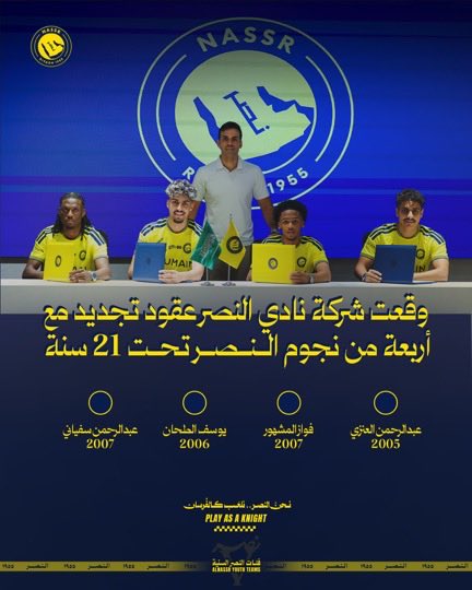 AlobaidHazeem's tweet photo. شركة نادي #النصر تُنهي إجراءات تجديد عقود 4 من مواهب #النصر ✍️
عبدالرحمن العنزي
يوسف الطحان
عبدالرحمن سفياني
فواز المشهور

أمنياتنا لهم بالتوفيق مع ناديهم #العالمي 💛 https://t.co/oiGTJe7aZM