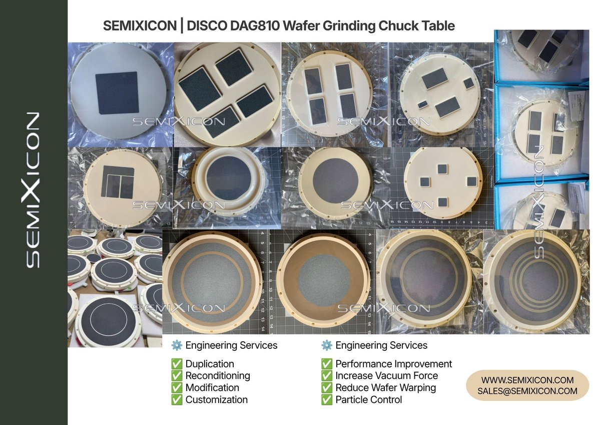 RoyWoods518's tweet photo. SEMIXICON:DISCO Wafer Grinding Chuck Table
https://t.co/yjSVTeQIKY
#DISCO #DAG810Chuck #WaferGrindingChuck #WaferChuck #PorousCeramicChuck #VacuumChuck #BackGrinding #WaferThinning #WaferDicing #WaferCleaning #WaferInspection #TapeMounting #TapeDetaping #ChuckDuplication #chuckt https://t.co/iS2YmA5Y2a