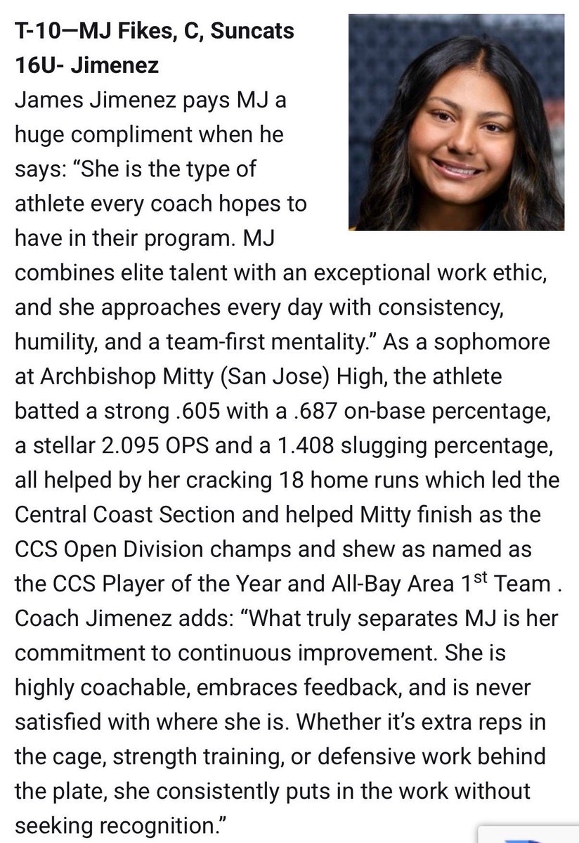 MjFikes28's tweet photo. Grateful to be named #10 in the nation in the @LineDsoftball  2028 Hot 100! 

Thank you for the recognition and thank you to my Suncats
coaches, teammates, family, and everyone who continues to support me.

#2028Hot100 #agtg  #uncommited #SoftballRecruiting https://t.co/PTvYM9SdHO