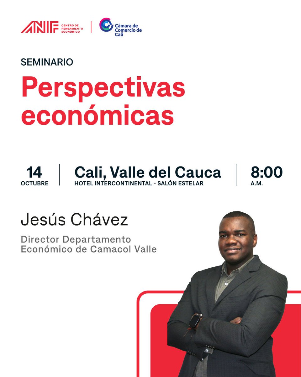 ANIFCO's tweet photo. 🏘️ Jesús Chávez, director del Departamento Económico de @Camacolvalle, participará en el seminario 📌 "Perspectivas económicas: El tejido empresarial como motor de la reconstrucción".

Su participación se sumará a la discusión sobre los retos económicos que enfrenta la región y sobre el papel del tejido empresarial en la generación de empleo, la reactivación de la inversión y la reconstrucción de Cali y el Valle del Cauca.

📅 14 de octubre | 8:00 a.m.
📍 Hotel Intercontinental, Cali
👉 Inscríbase aquí: https://t.co/WzybWDoaU0

#ANIF #CentroDePensamientoANIF #SeminarioANIF #PerspectivasEconómicas #Cali  @camaracali