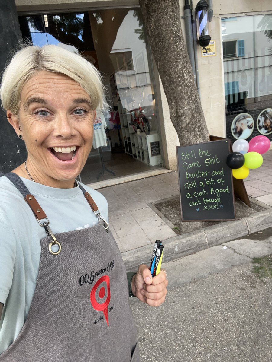 OttilieQ's tweet photo. Don’t worry, today was my first day on my sign writing course. So if you’re offended by my sign you may not be our cup of tea. However each day the sign will change so keep your eyes peeled… @rickygervais any suggestions for what to put on the board tomorrow amigo? 🤔#StillOpen https://t.co/rCK5K6ahLe