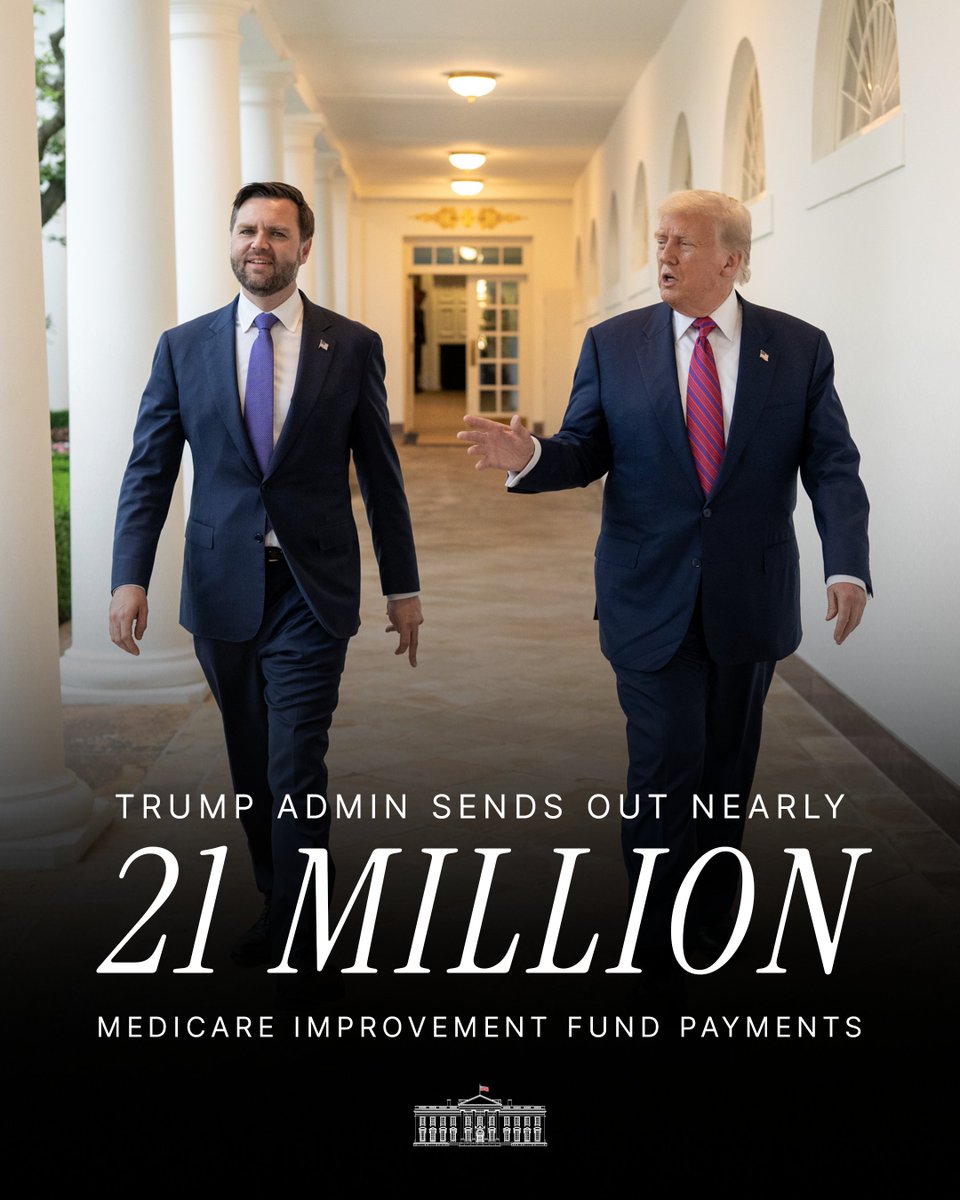WhiteHouse's tweet photo. In addition to the Obamacare refund checks, the Trump Administration has sent out almost 21 MILLION Medicare Improvement Fund payments.

President Trump continues to deliver on his promise to lower costs and ensure American patients come away with more money in their pockets. 🇺🇸 https://t.co/c5oQNTr4Ns