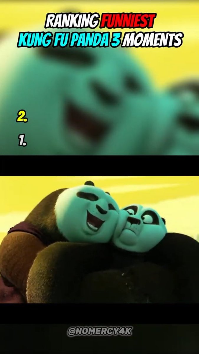 A split-screen video still titled "RANKING FUNNIEST KUNG FU PANDA 3 MOMENTS" shows a list with "2." highlighted above a scene of two pandas hugging and laughing, credited to @NOMERCY4K.