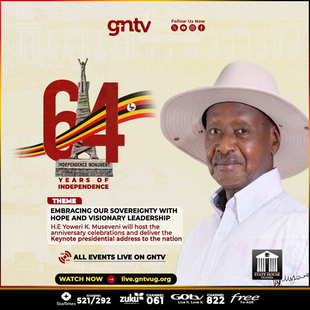 GNTV__official's tweet photo. This year's 64th Independence Day will be celebratedin a largely virtual format with limited physical attendance at State House, Entebbe, under the theme “Embracing our Sovereignty with Hope and Visionary Leadership.”
Catch all the events on GNTV
#GNTV #ugandaAt64 #Uganda https://t.co/469I3Va16e