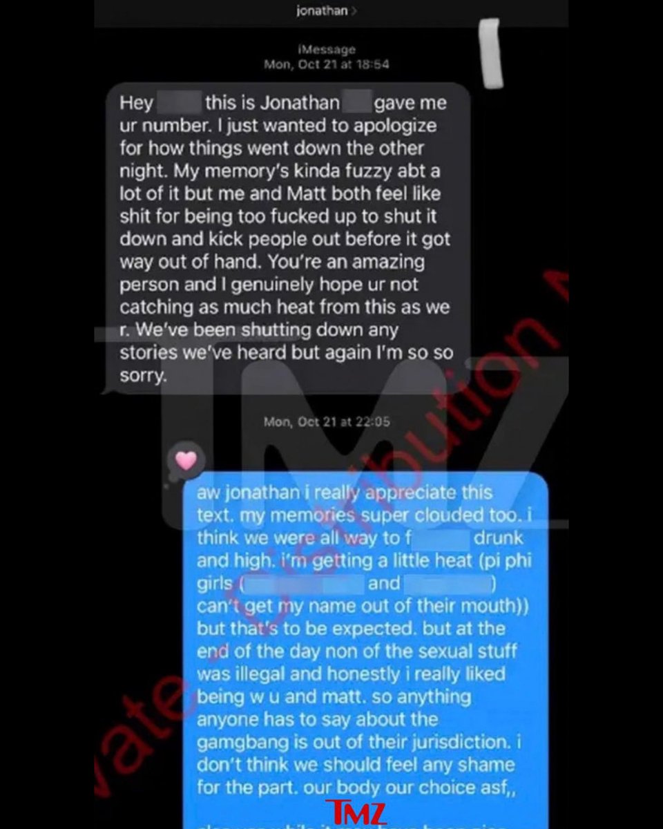 TheOfficerTatum's tweet photo. 🚨 A new set of texts has surfaced in the Cornell case. Two days after the alleged encounter, Jane Doe reportedly told one of the men she later accused that she appreciated his apology. She wrote that everyone was “super out of it,” but also said, “none of the s*xual stuff was illegal,” and that “our body, our choice” meant they should not feel ashamed. In another message, she said the other people involved should have left.

Wow. 😮 

h/t @TMZ