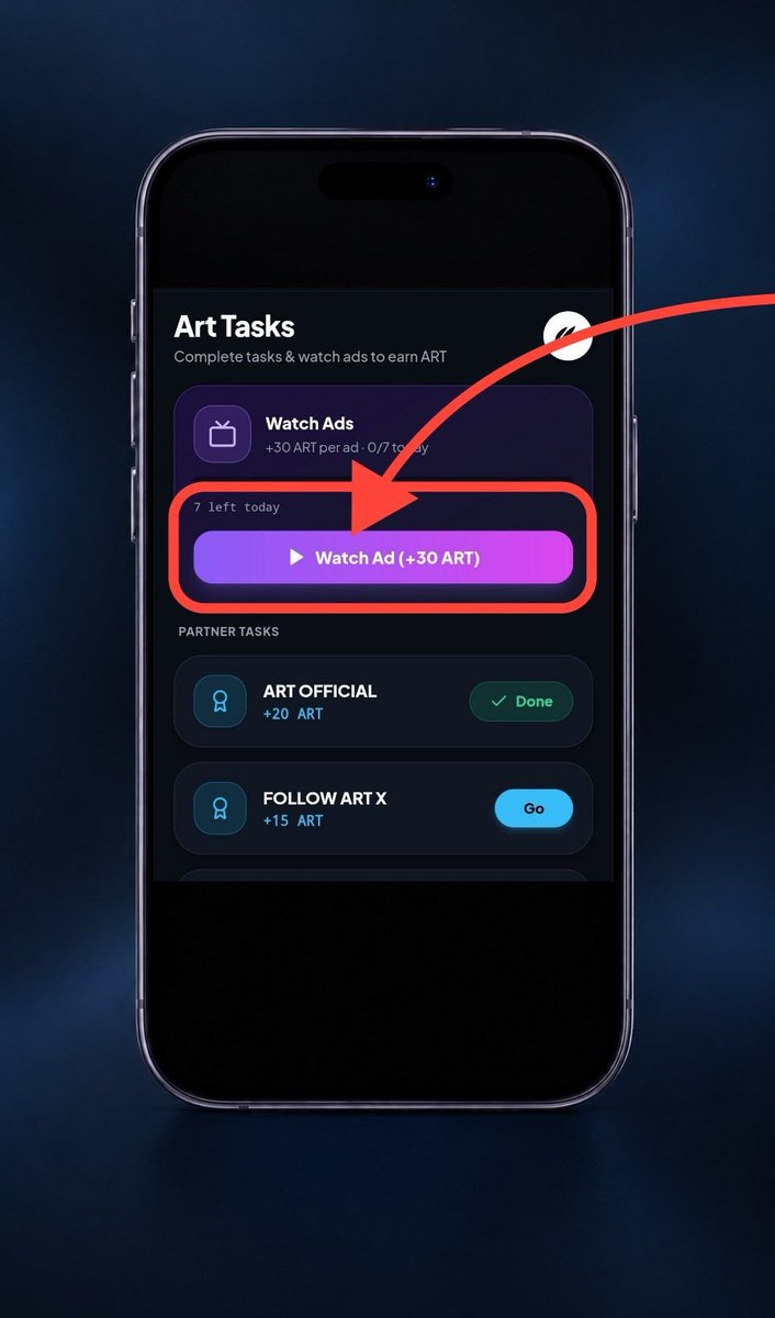 ART_Token_Web's tweet photo. 🚨 ART IMPORTANT NOTICE 

⚠️DEAR ART Users, please read this carefully! 

If you want to receive your ART rewards/payment, you must complete ALL Watch Ads Tasks every day.

🔴Not completing the full ads will keep your payment PENDING.

💰How to receive your payment:

▶️Go to Watch Ads Task
▶️Click Watch Ads Play Full
▶️ Ads Viewing Time (Click Play Now
▶️Watch the FULL AD until it is completely finished!
▶️Complete ALL available ads every day

✅Daily Limit: 7 Ads
💎Earn: Up to 250 ART Daily

⚠️Important: Simply opening the ad is not enough. You must watch the full ads completely to qualified.

🔥 Want your ART payment? Complete ALL 7 ads - watch them FULLY!

✅Open ART
✅Keep Mining 
✅Complete Tasks

→ JOIN ART MINI APP
https://t.co/P3edgScakG