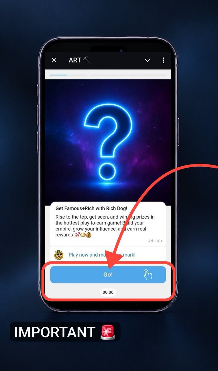 ART_Token_Web's tweet photo. 🚨 ART IMPORTANT NOTICE 

⚠️DEAR ART Users, please read this carefully! 

If you want to receive your ART rewards/payment, you must complete ALL Watch Ads Tasks every day.

🔴Not completing the full ads will keep your payment PENDING.

💰How to receive your payment:

▶️Go to Watch Ads Task
▶️Click Watch Ads Play Full
▶️ Ads Viewing Time (Click Play Now
▶️Watch the FULL AD until it is completely finished!
▶️Complete ALL available ads every day

✅Daily Limit: 7 Ads
💎Earn: Up to 250 ART Daily

⚠️Important: Simply opening the ad is not enough. You must watch the full ads completely to qualified.

🔥 Want your ART payment? Complete ALL 7 ads - watch them FULLY!

✅Open ART
✅Keep Mining 
✅Complete Tasks

→ JOIN ART MINI APP
https://t.co/P3edgScakG