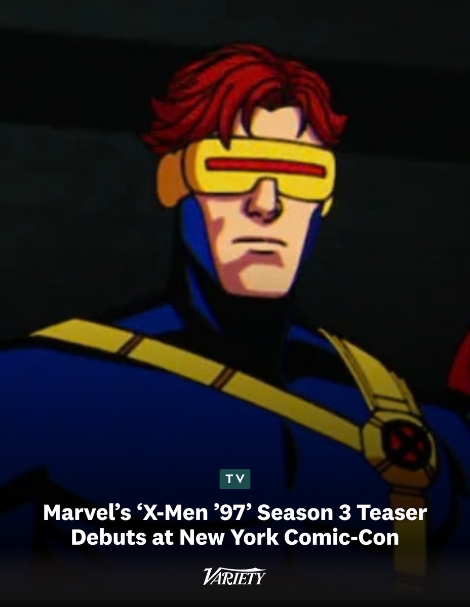 Variety's tweet photo. “X-Men ’97” has been renewed for Season 3 on Disney+ and a first look at the new episodes has been revealed at #NYCC. 

• The clip opens with someone writing “Where are the X-Men?” in graffiti. We learn that the city has reached chaos as police have blocked off the city and closed the border, meaning the mutants can’t get across to Professor X’s school and have no place to stay unless they have letters of transit.

• A young mutant starts to sneak across before she’s caught and deemed a threat. Just as she’s about to be captured, a team of mutants comes to rescue her. “Are you the X-Men?” the girl asks them. “No, we’re the brotherhood,” they reply.

• The clip also shows Storm and Professor X driving together and discussing the conflict they’re facing with the president of the U.S.. They exit the car and arrive at Gambit and Rogue’s wedding, where Deadpool and She-Hulk are among those in attendance.

https://t.co/E33NAyzLOH