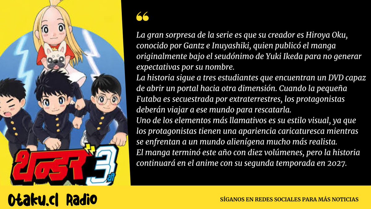 OtakuCLRADIO's tweet photo. Thunder 3 confirmó su estreno para 2027

Recuerda sintonizar nuestra radio:  https://t.co/1PpCk66gAo

#Thunder3 #noticiasdeanime #anime2026 #anime #jpop #jrock #kpop #vocaloid #CulturaOtaku #otaku #otakucl #AnimeRadio https://t.co/6Lsb6AK5Di