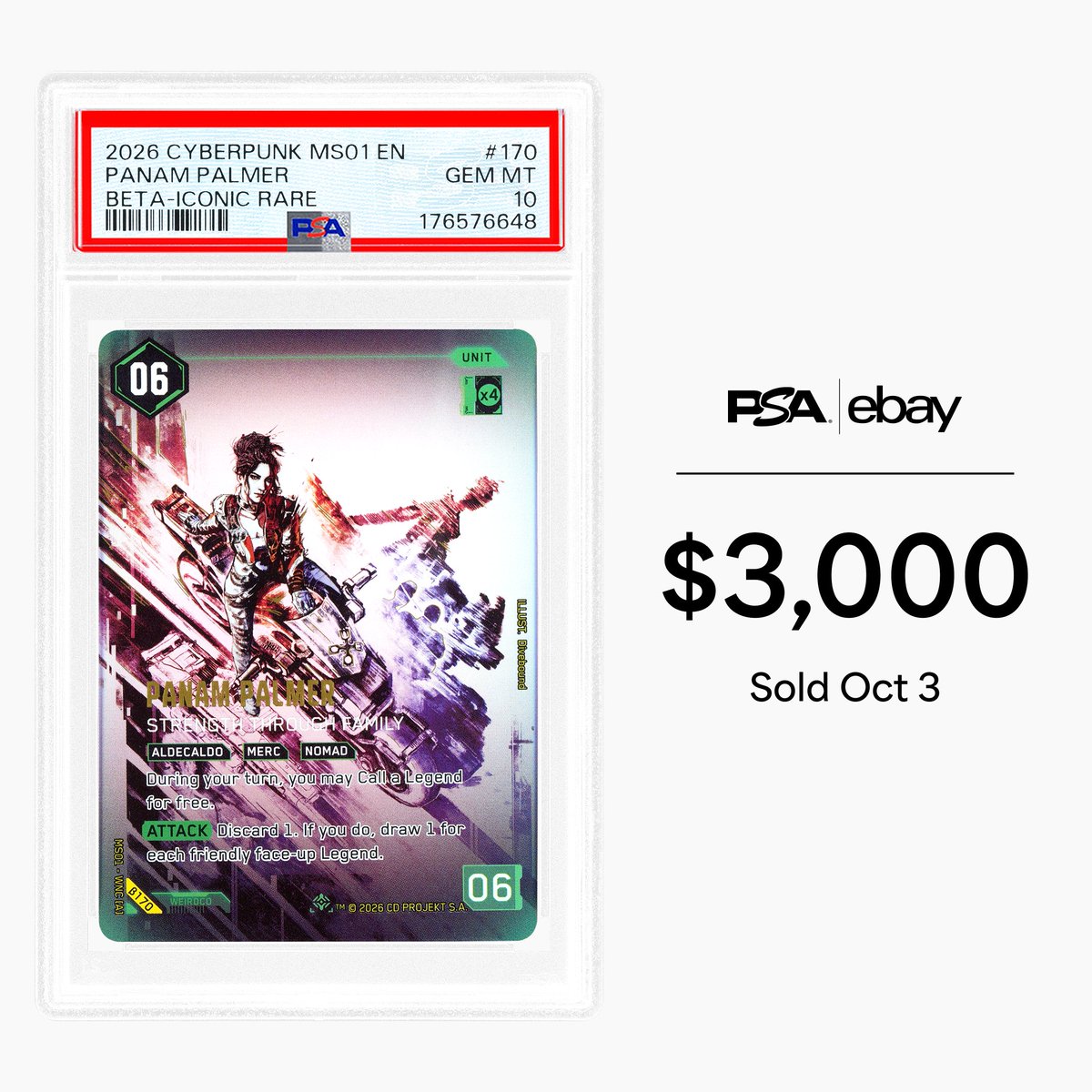 PSAcard's tweet photo. The new Cyberpunk TCG is off to a hot start. 👾

This Panam Palmer Iconic Rare just sold for $3,000 — the TCG’s first-ever PSA graded sale. https://t.co/z0kWhalDSg