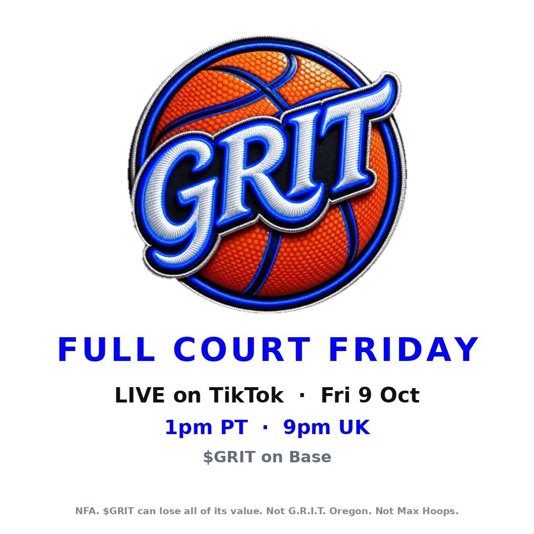 GRITToken3's tweet photo. Full Court Friday is LIVE on TikTok tomorrow 🏀 1pm PT / 9pm UK. 

Coach is hosting, with GRIT and BALLN updates, and the whole family pulling up. 

Gratitude. Resiliency. Intensity. Togetherness. 

https://t.co/6vRcLtGkgG #GRIT #WeBalln @BallnToken3 @MaxHoops3 @onecalledthomas https://t.co/7gZTfBQzVQ