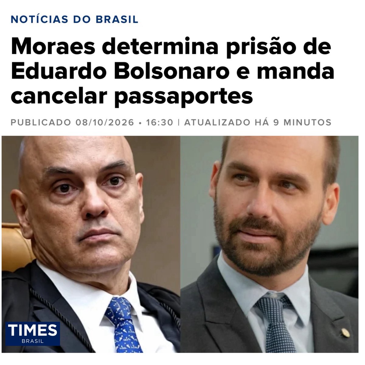 BolsonaroSP's tweet photo. NOTA À IMPRENSA

Mesmo após o claro recado de basta dado pelas urnas, Alexandre de Moraes mais uma vez tumultua o país com uma decisão arbitrária, inoportuna e inócua, uma vez que os Estados Unidos já deixaram claro que não cumprem decisões delirantes dessa natureza.

O único efeito prático desse ato, tomado deliberadamente no meio do processo eleitoral, é acirrar ainda mais, e sem nenhuma necessidade, os ânimos do país. Felizmente, no próximo dia 25, o povo brasileiro dará o seu recado final elegendo Flávio Bolsonaro, que, com o novo Congresso, vai restaurar a normalidade no Brasil.

Eduardo Bolsonaro